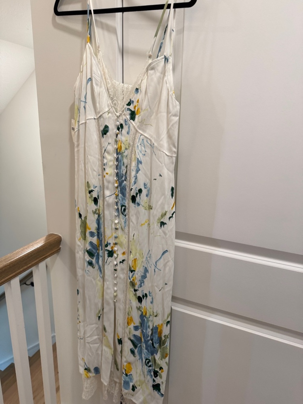 Anthropologie White Floral Slip Dress with Blue and Yellow Print